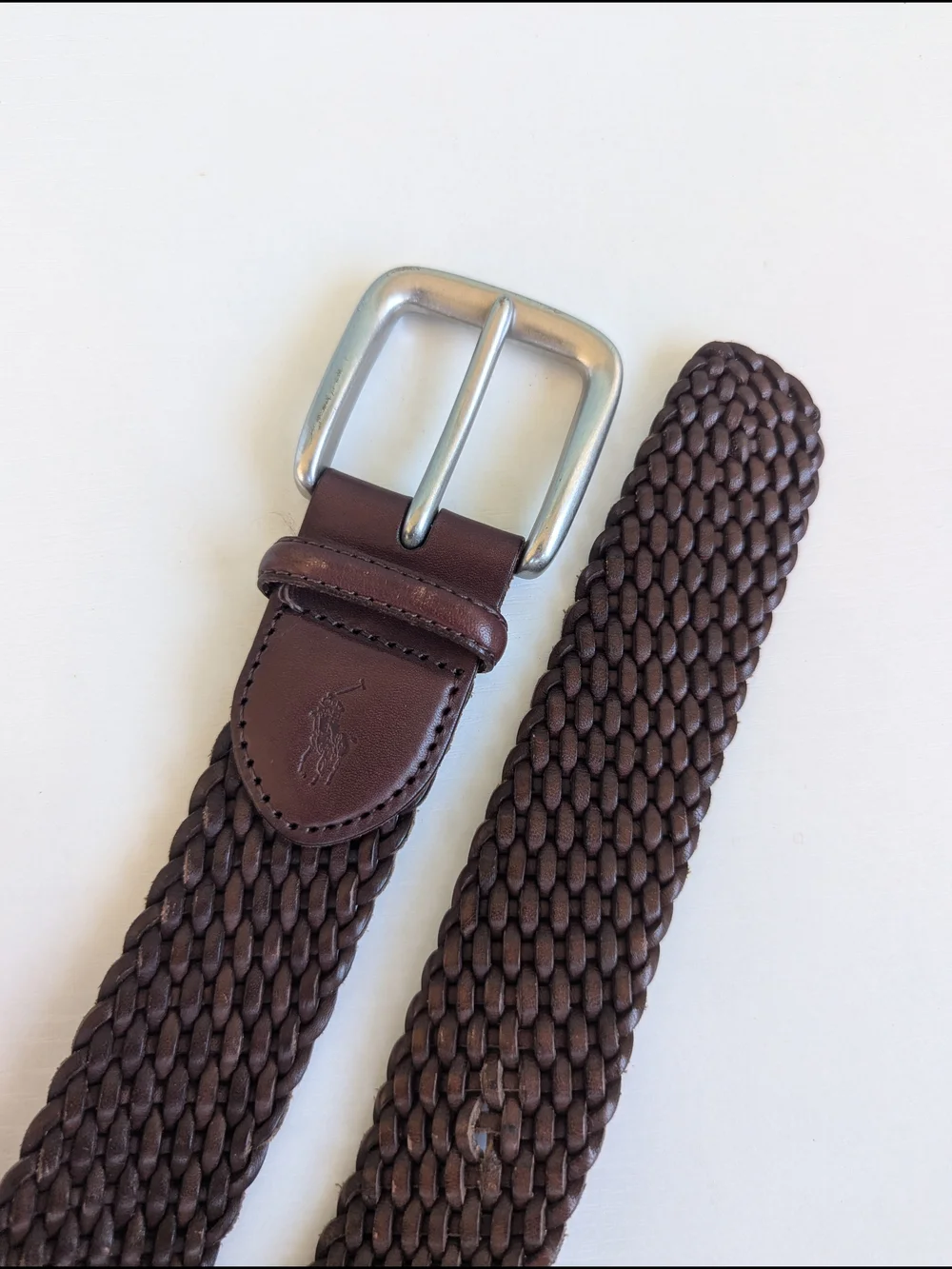 Men's Woven Brown Leather Belt with Polished Silver Buckle